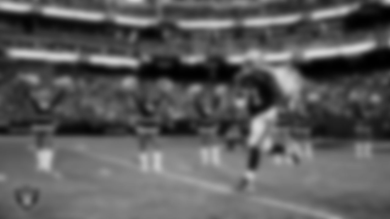 Las Vegas Raiders tackle DJ Glaze (71) is introduced onto the field before the regular season home game against the New York Giants at Allegiant Stadium.