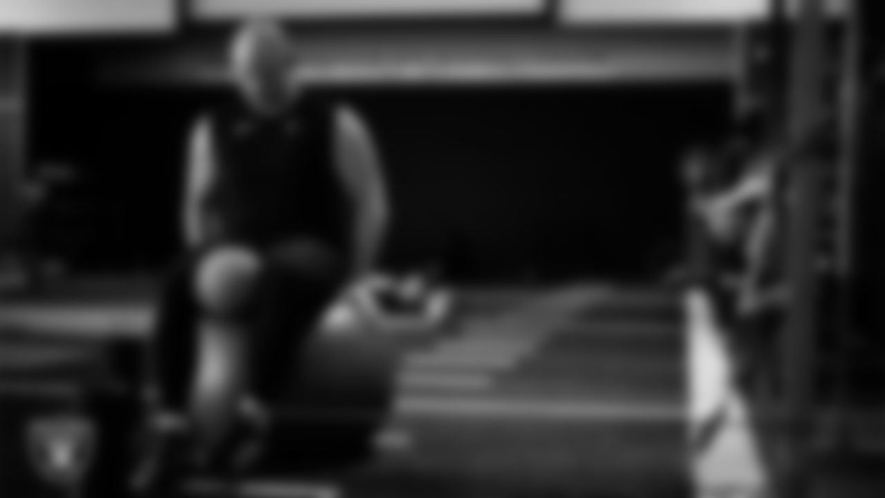 Las Vegas Raiders long snapper Jacob Bobenmoyer (50) in the weight room during practice at Intermountain Health Performance Center.