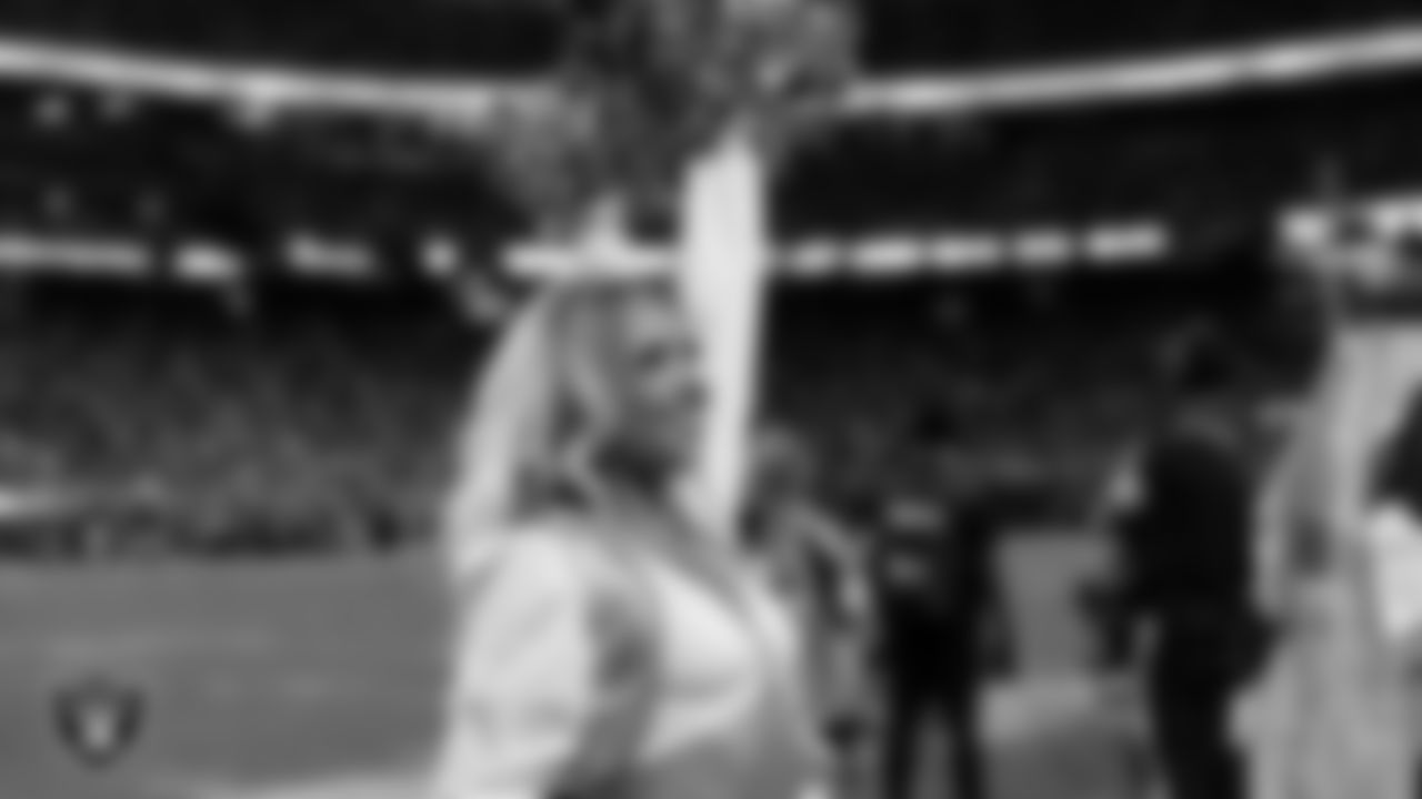 Raiderette Jordie on the sidelines during the regular season home game against the Los Angeles Chargers at Allegiant Stadium.