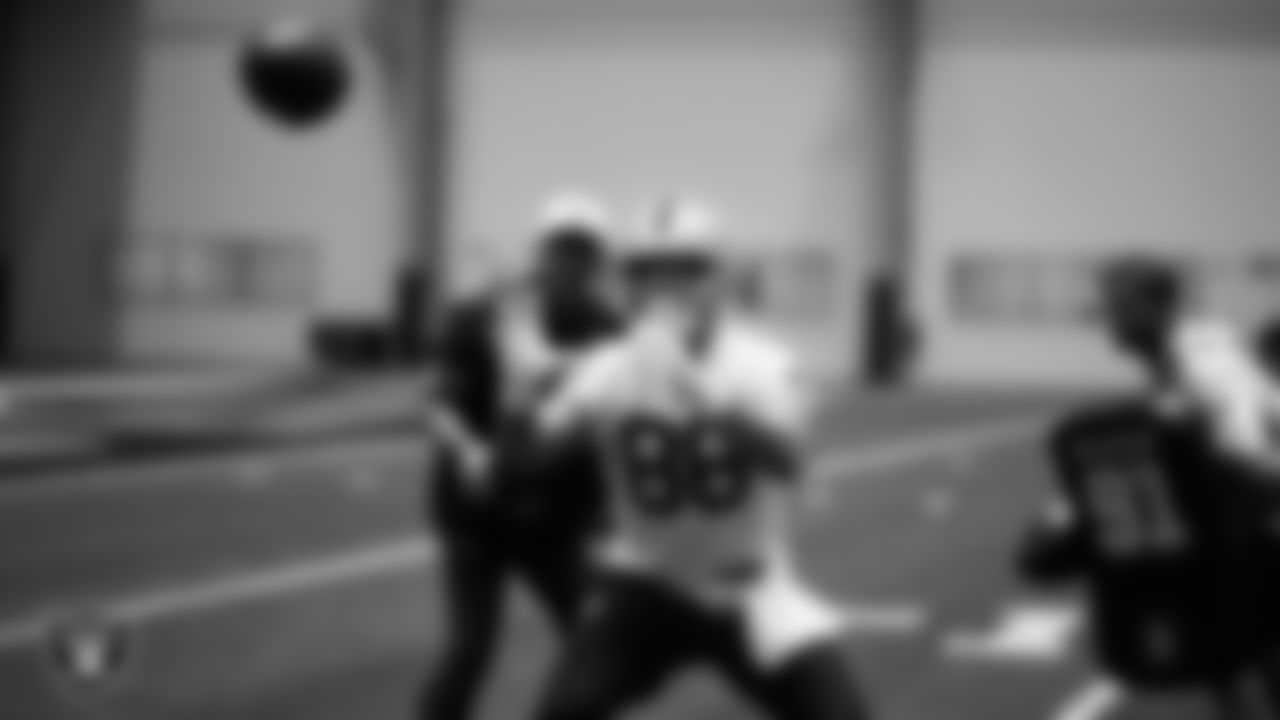 Las Vegas Raiders tight end Albert Okwuegbunam (86) during practice at Intermountain Health Performance Center.