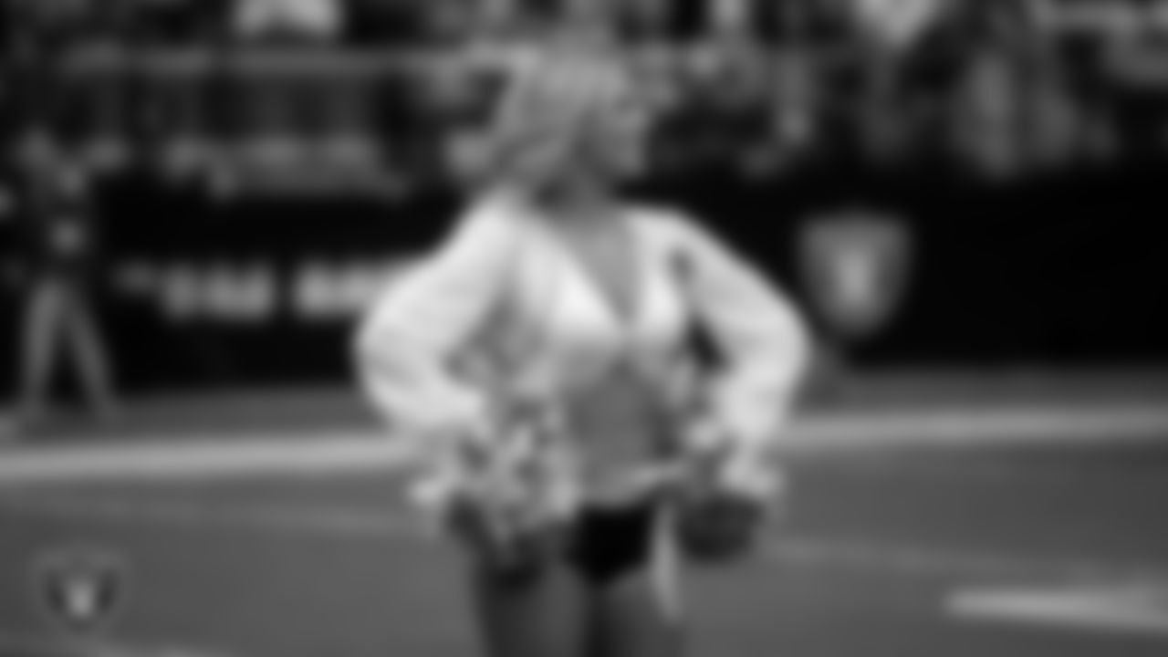 Raiderette Isabella during player introductions before the regular season home game against the Jacksonville Jaguars at Allegiant Stadium.