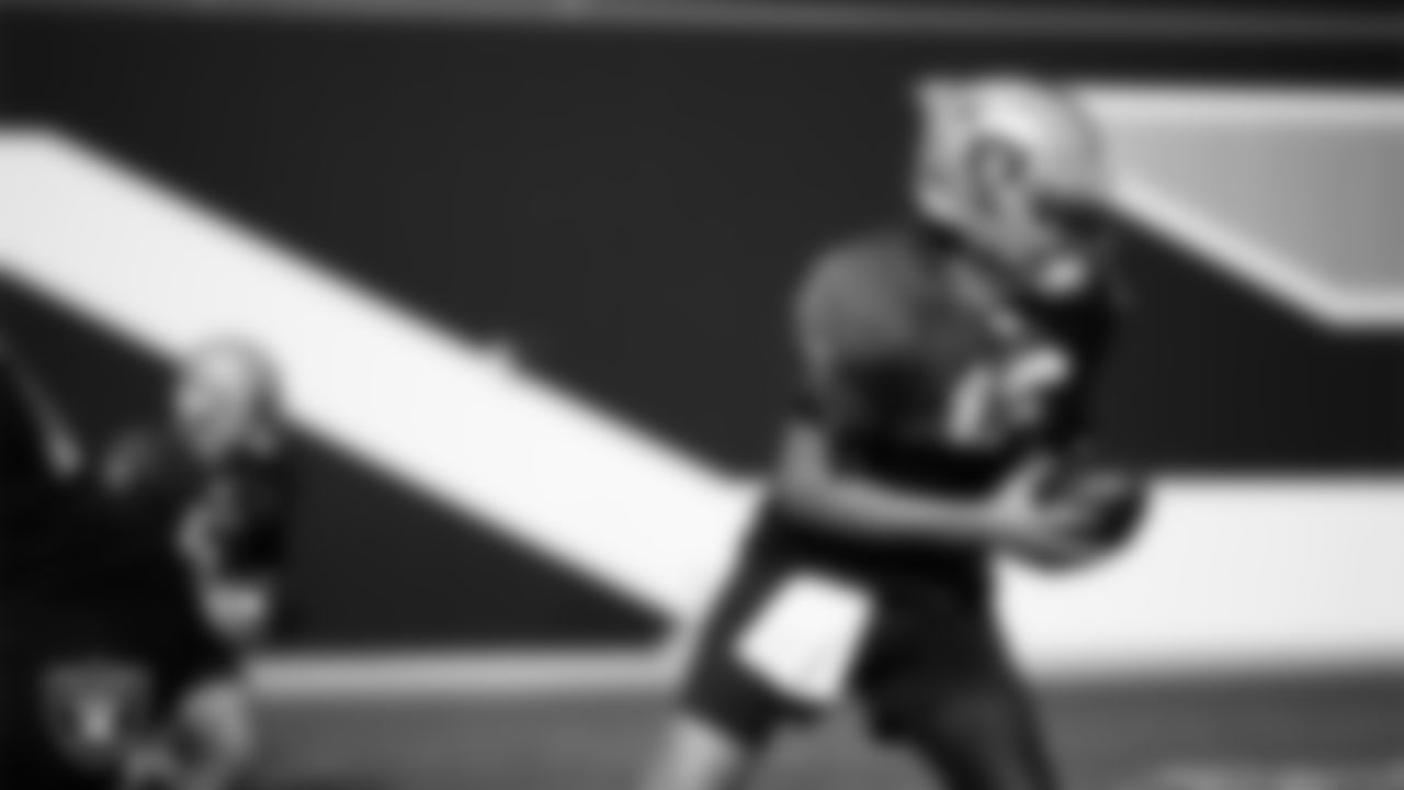 Las Vegas Raiders quarterback Aidan O'Connell (12) during practice at Intermountain Health Performance Center.