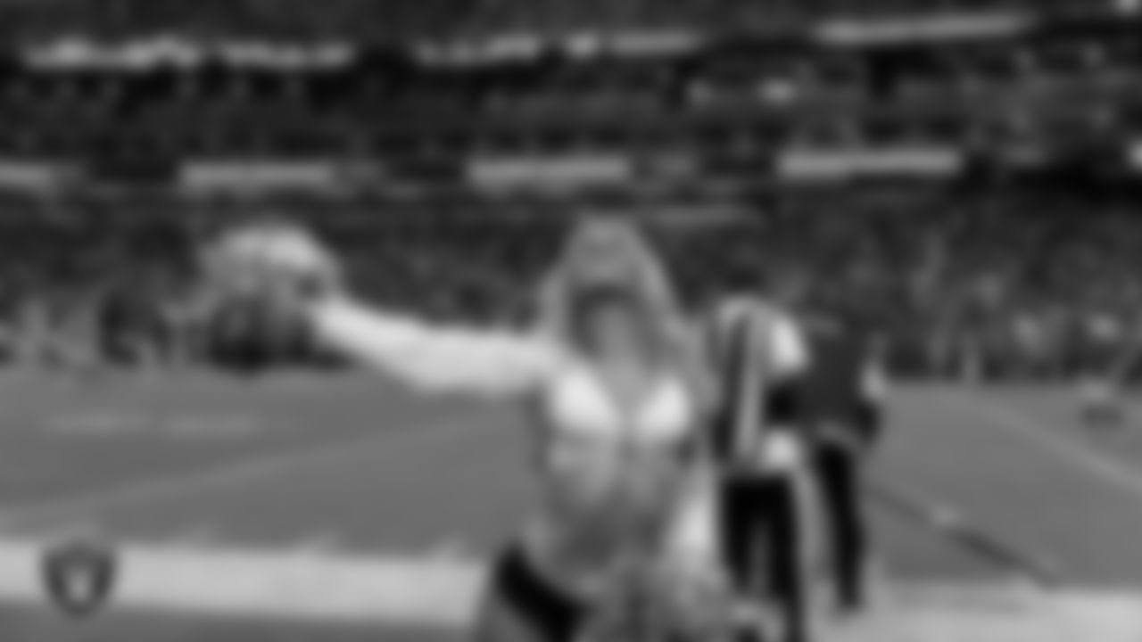 Raiderette Jessica on the sidelines during the regular season home game against the Jacksonville Jaguars at Allegiant Stadium.