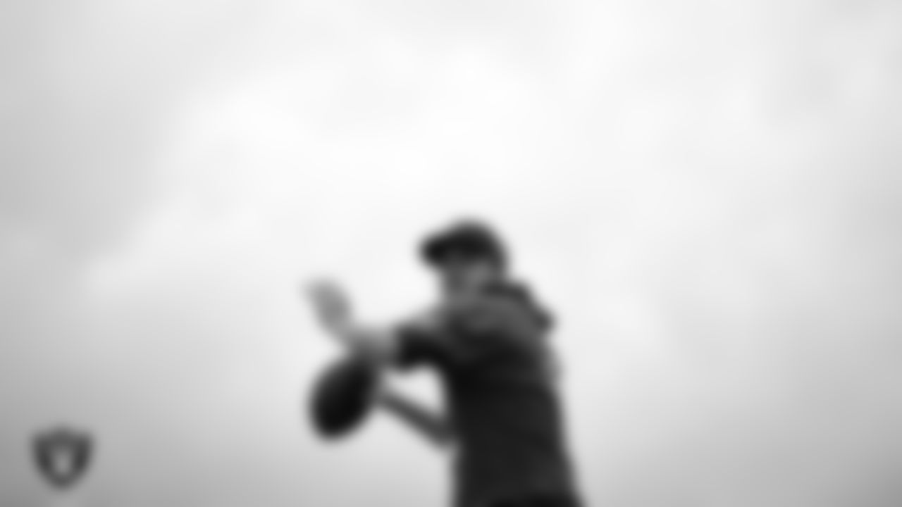 Las Vegas Raiders quarterback Aidan O'Connell (12) during practice at Intermountain Health Performance Center.
