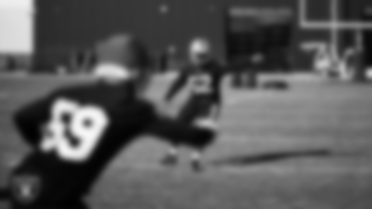 Las Vegas Raiders linebacker Elandon Roberts (52) during practice at Intermountain Health Performance Center.