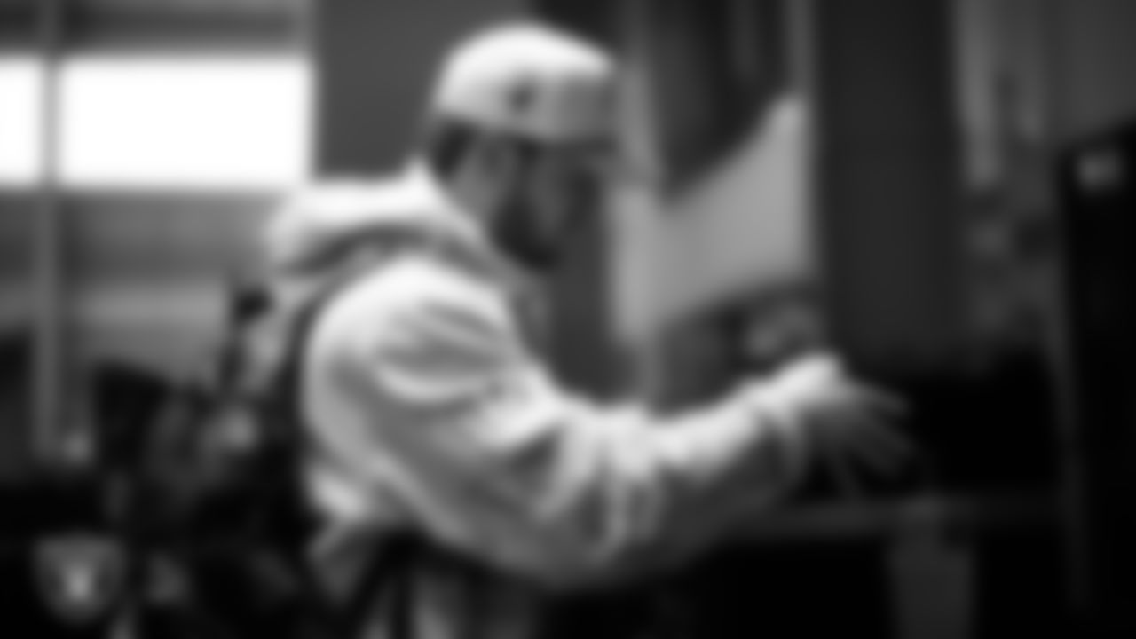 Las Vegas Raiders wide receiver Alex Bachman (81) unboxes his custom cleats for the NFL's My Cause My Cleats initiative at Intermountain Health Performance Center.