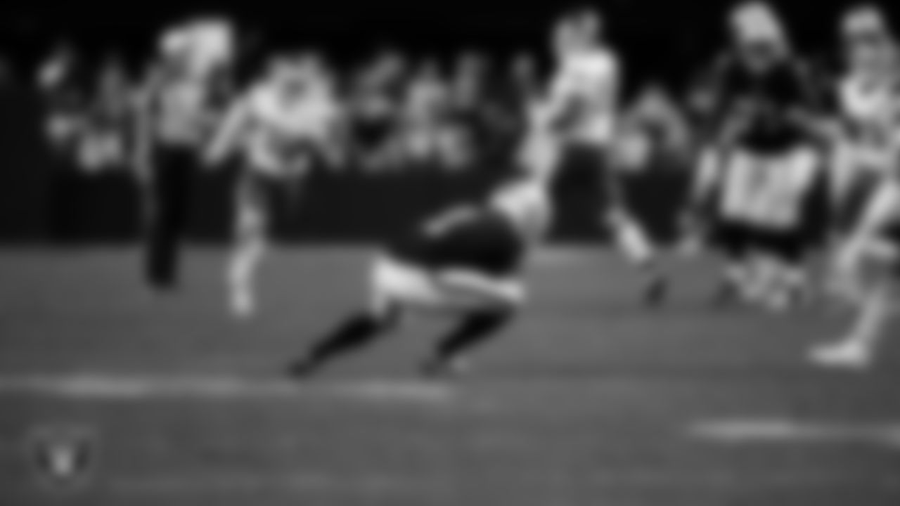 Las Vegas Raiders wide receiver Tre Tucker (1) makes a catch during the regular season home game against the Kansas City Chiefs at Allegiant Stadium.