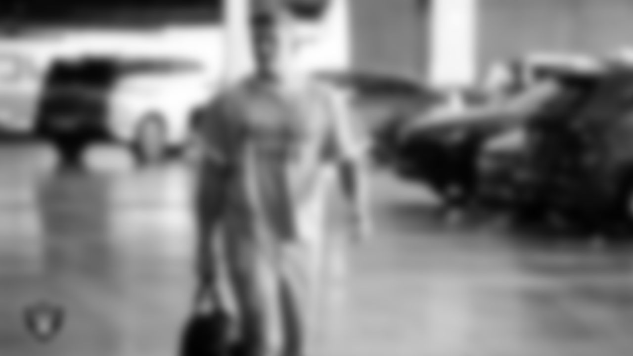 Las Vegas Raiders linebacker Cody Lindenberg (55) arrives to the regular season home game against the Cleveland Browns at Allegiant Stadium.