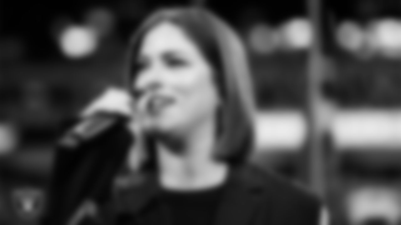 Singer Cassadee Pope performs the national anthem before the Las Vegas Raiders' regular season home game against the Cleveland Browns at Allegiant Stadium.