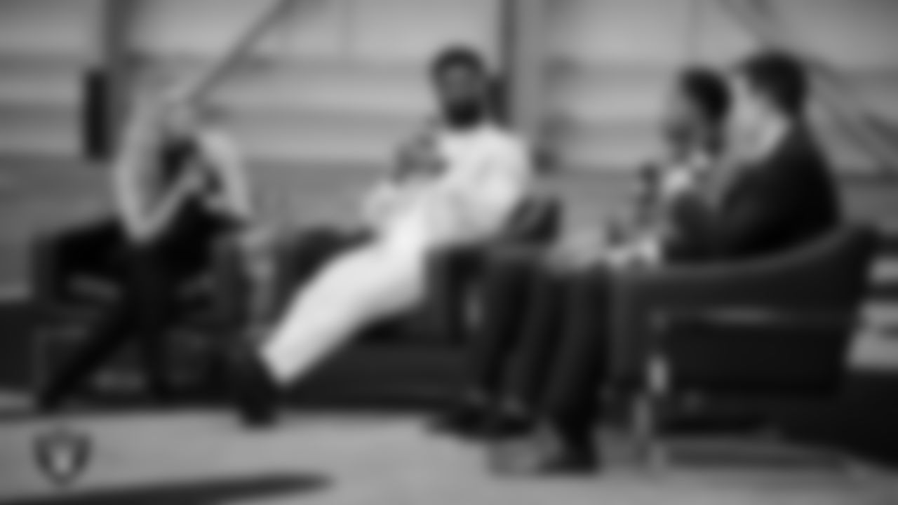 Las Vegas Raiders Head Coach Klint Kubiak is interviewed following his introductory press conference at Intermountain Health Performance Center.