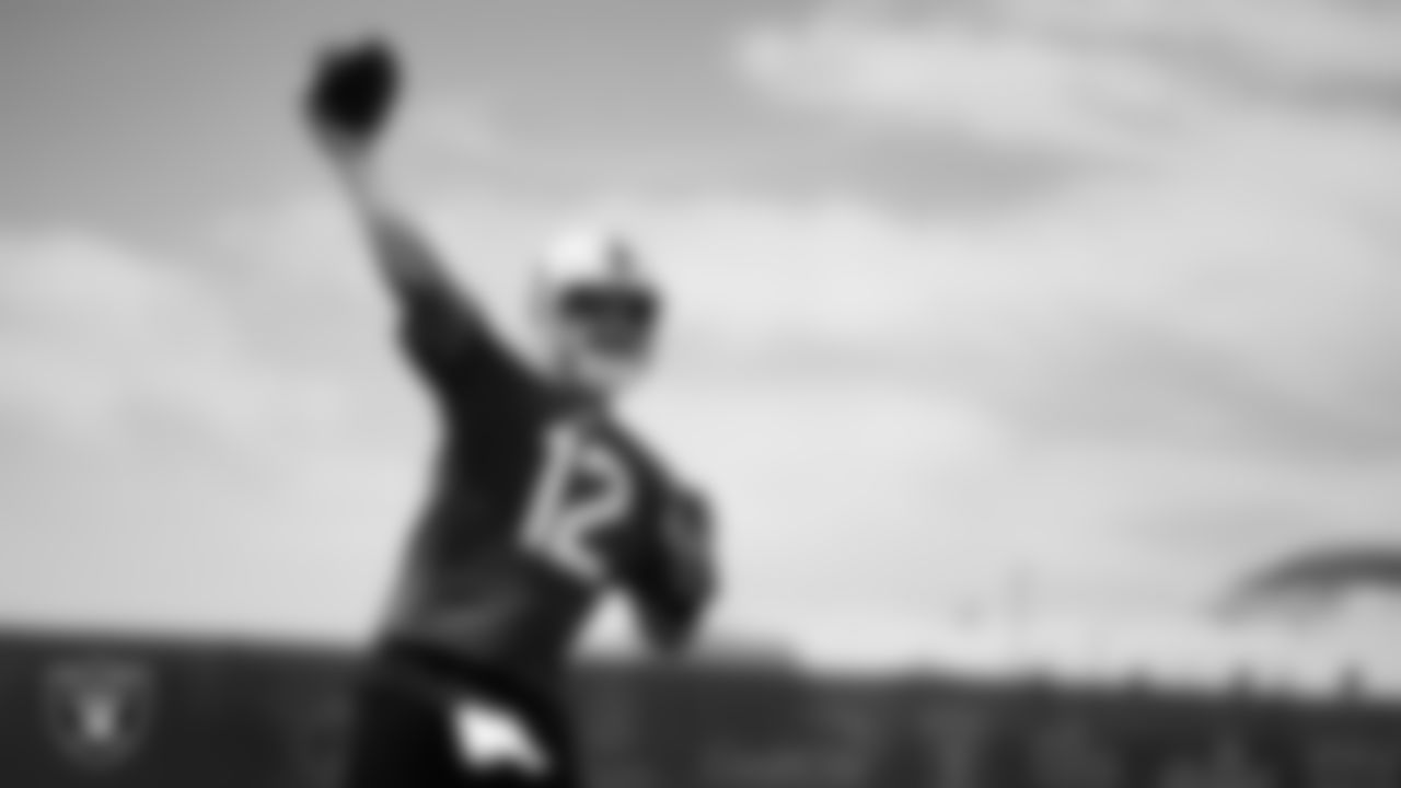 Las Vegas Raiders quarterback Aidan O'Connell (12) at Day Three of 2025 Veteran Minicamp at Intermountain Health Performance Center.