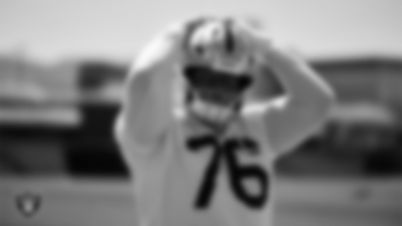 Las Vegas Raiders guard Caleb Rogers (76) on the field for mandatory minicamp at Intermountain Health Performance Center.