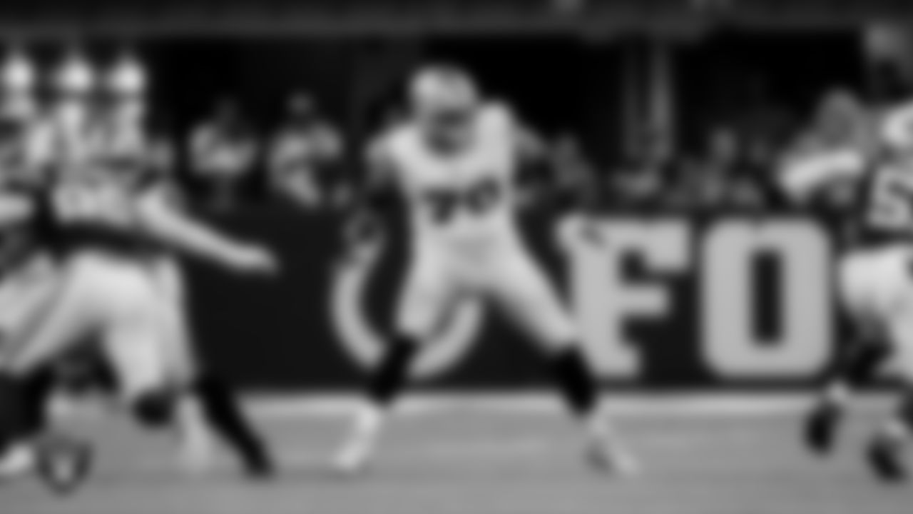 Las Vegas Raiders offensive lineman Stone Forsythe (70) during the regular season away game against the Indianapolis Colts at Lucas Oil Stadium.