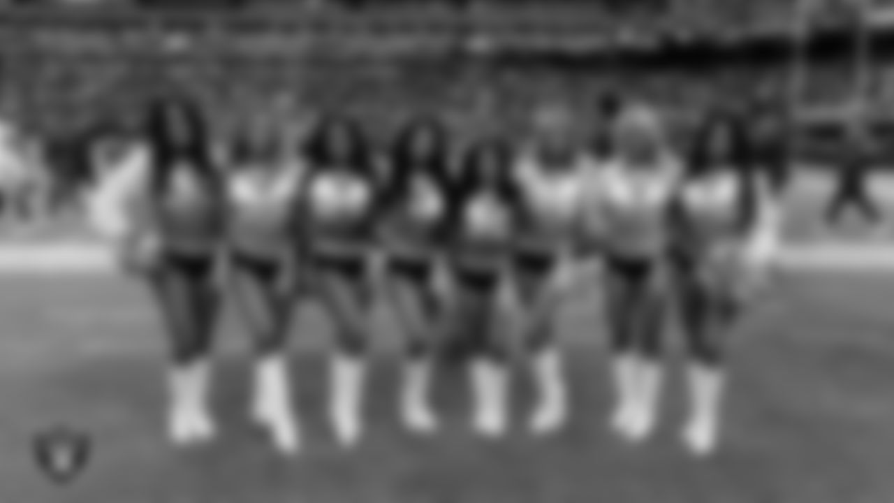 Line 2 of the Raiderettes on the sidelines during the preseason home game against the San Francisco 49ers at Allegiant Stadium.