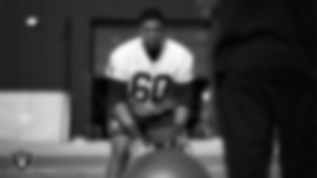 Las Vegas Raiders tackle Charles Grant (60) during practice at Intermountain Health Performance Center.