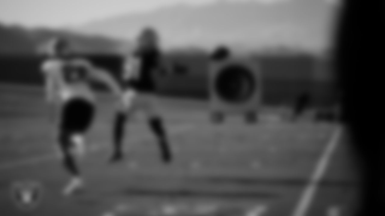 Las Vegas Raiders cornerback Darien Porter (26) and wide receiver Alex Bachman (81) during practice at Intermountain Health Performance Center.