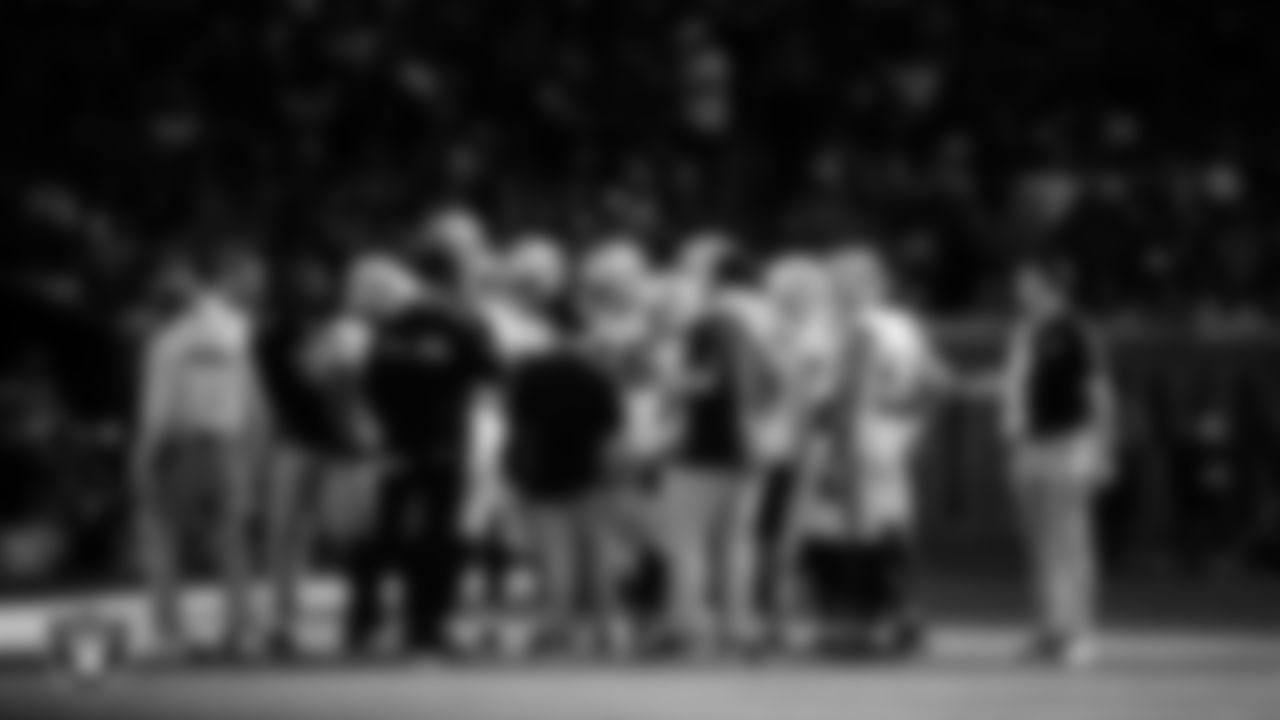 The Las Vegas Raiders special teams huddle during the regular season away game against the Houston Texans at NRG Stadium.