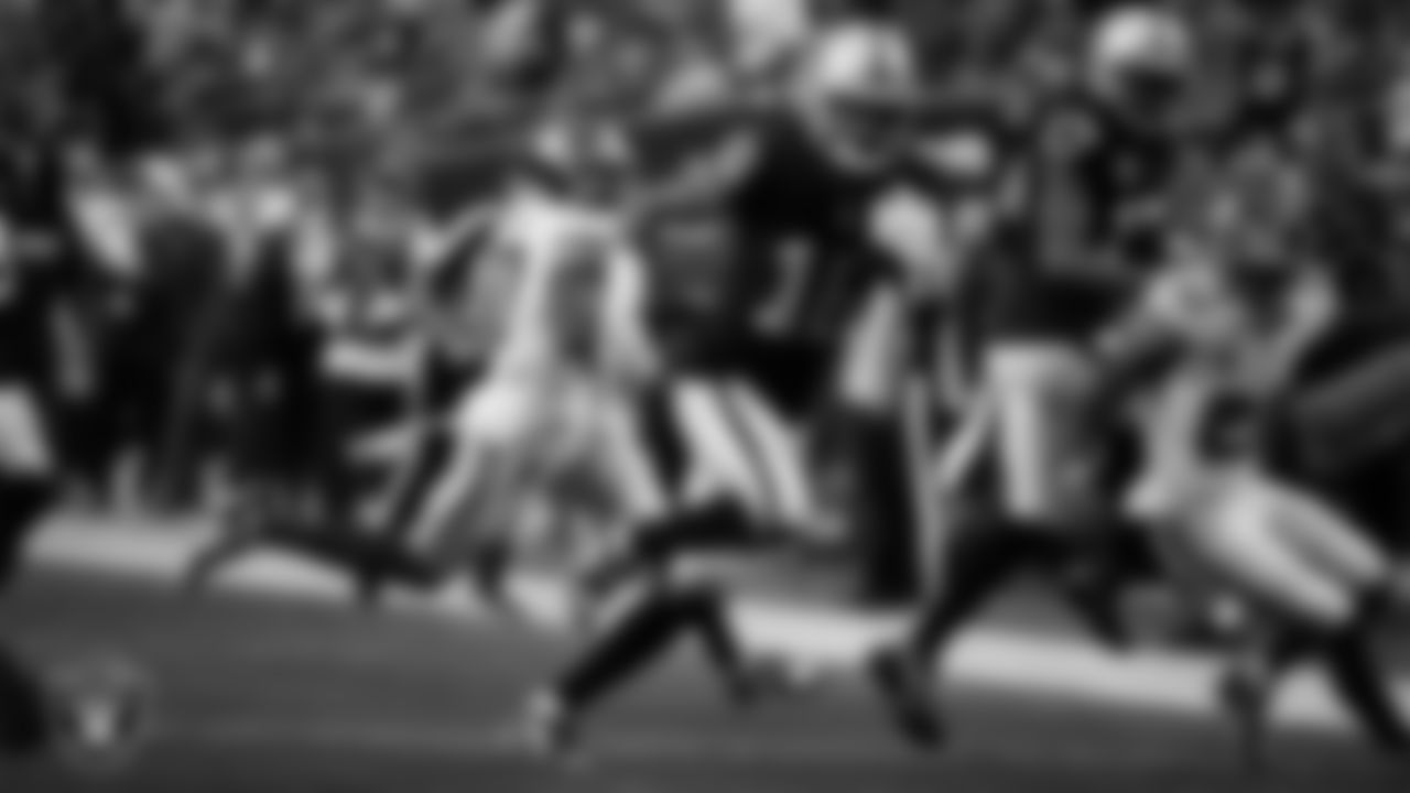 Las Vegas Raiders wide receiver Jakobi Meyers (16) rushes for a 17-yard touchdown during the regular season home game against the New York Giants at Allegiant Stadium, Sunday, November 5, 2023, in Las Vegas, Nev.