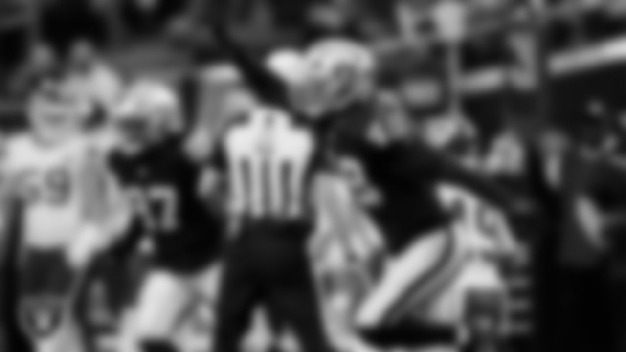 Las Vegas Raiders defensive end Charles Snowden (49) celebrates after sacking the quarterback during the regular season home game against the Kansas City Chiefs at Allegiant Stadium.