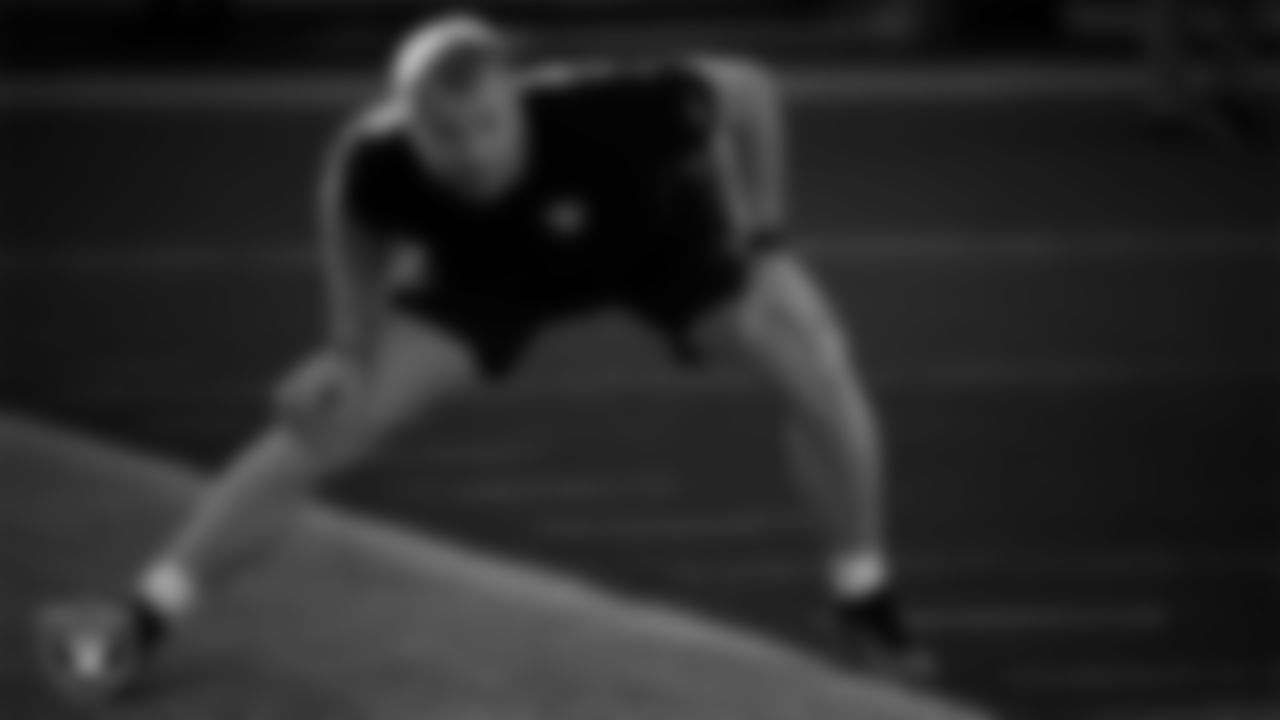 Las Vegas Raiders linebacker Tommy Eichenberg (44) warming up before the regular season away game against the Kansas City Chiefs at GEHA Field at Arrowhead Stadium.