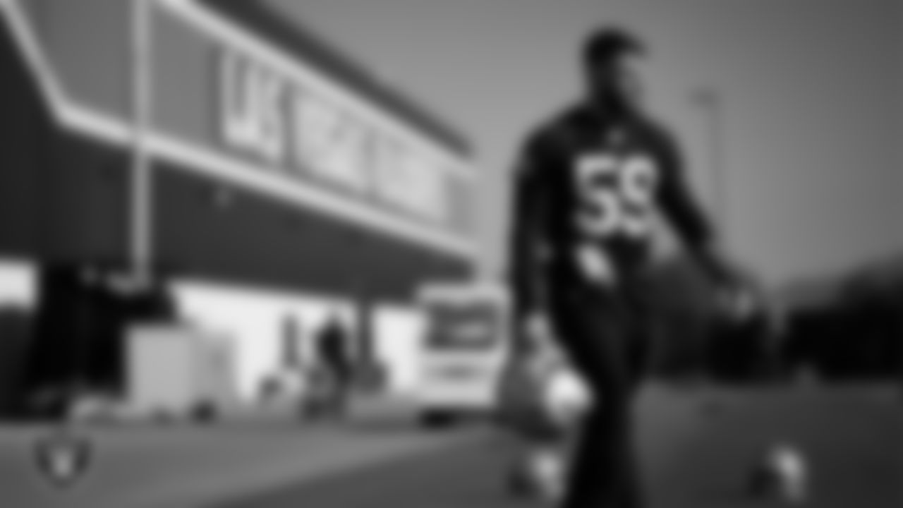 Las Vegas Raiders linebacker Jon Rhattigan (59) during practice at Intermountain Health Performance Center.