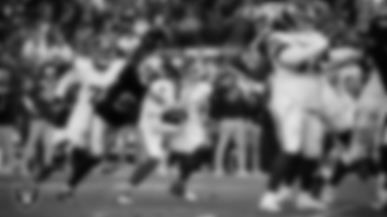 Las Vegas Raiders defensive end Malcolm Koonce (51) goes to sack the quarterback during the regular season home game against the New York Giants at Allegiant Stadium.