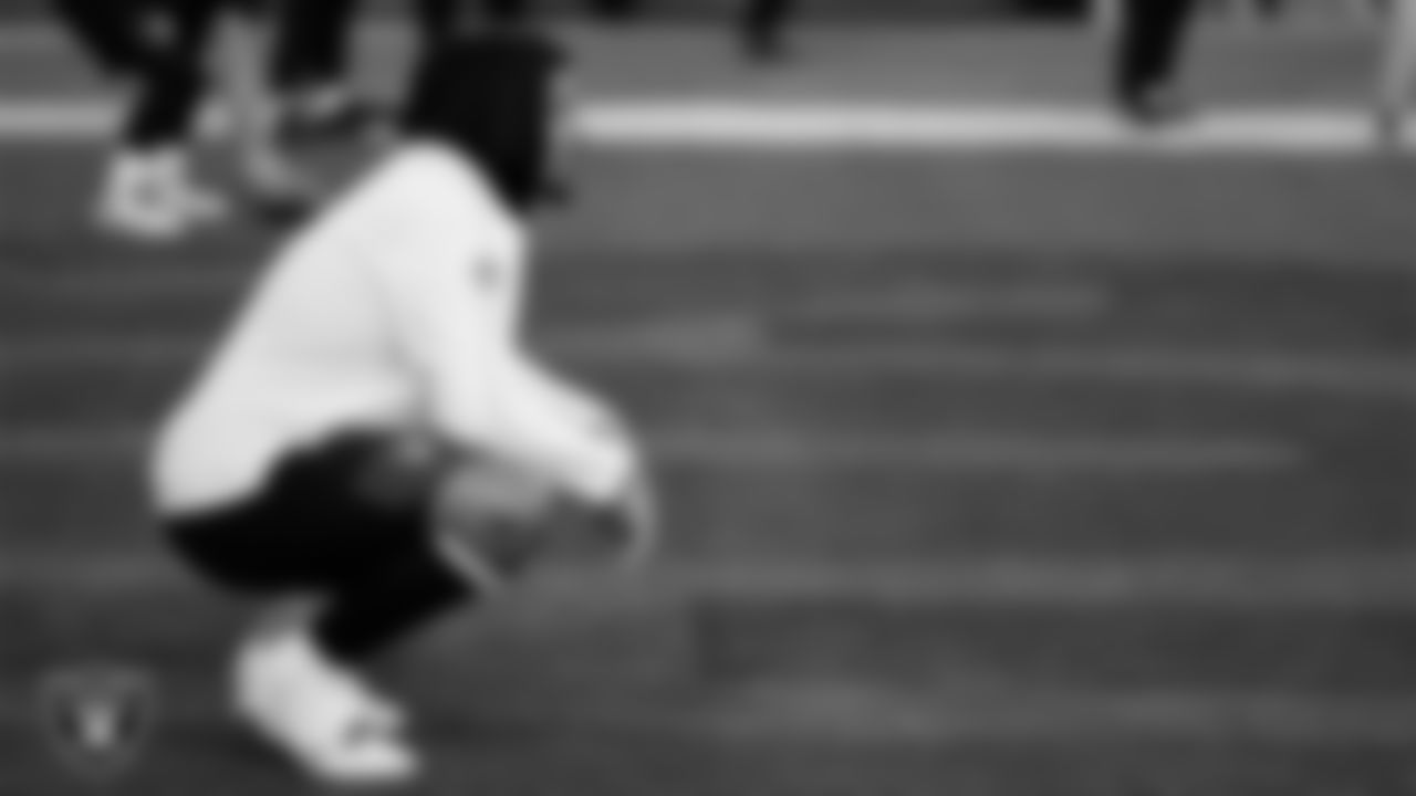 Las Vegas Raiders guard Caleb Rogers (76) warming up before the regular season away game against the Denver Broncos at Empower Field at Mile High.