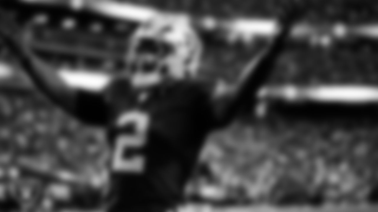 Las Vegas Raiders running back Ashton Jeanty (2) celebrates after making a 15-yard touchdown catch during the regular season home game against the Jacksonville Jaguars at Allegiant Stadium.