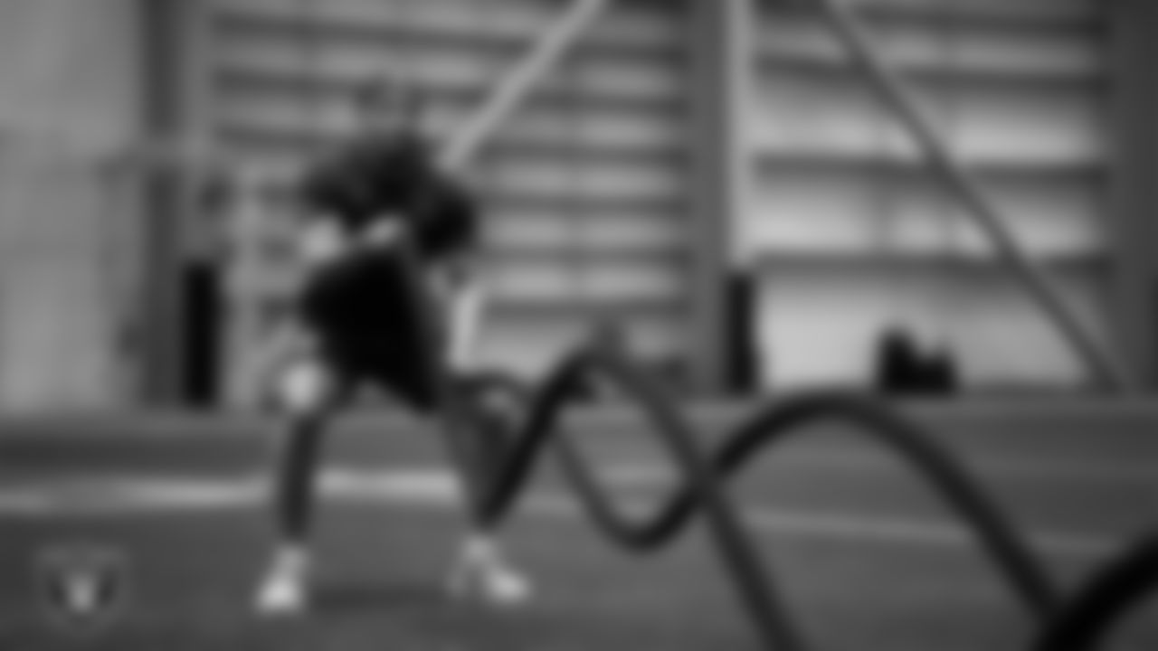 Las Vegas Raiders wide receiver Tyreik McAllister (13) at a workout during phase one of the offseason program at Intermountain Health Performance Center.