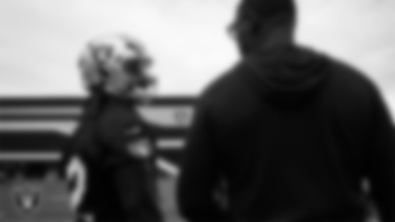 Las Vegas Raiders running back Ashton Jeanty (2) and running backs coach Deland McCullough during practice at Intermountain Health Performance Center.