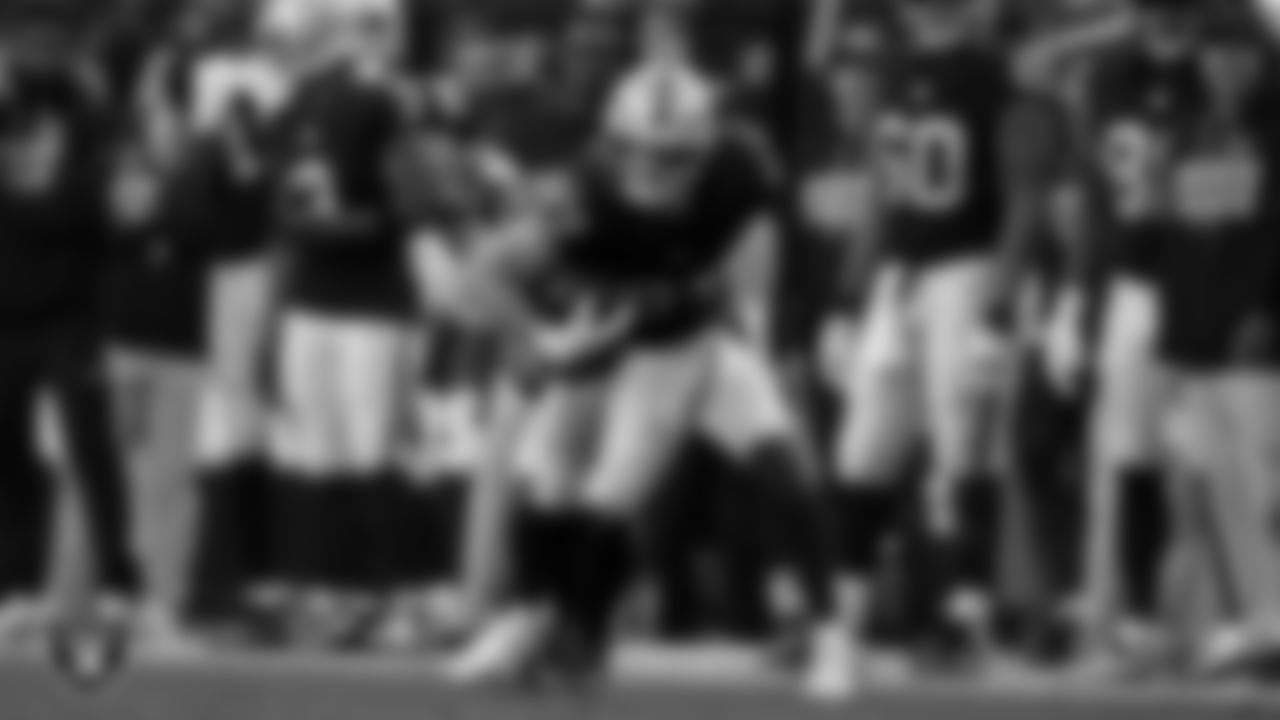 Las Vegas Raiders tight end Michael Mayer (87) runs after making a catch during the regular season home game against the New York Giants at Allegiant Stadium.