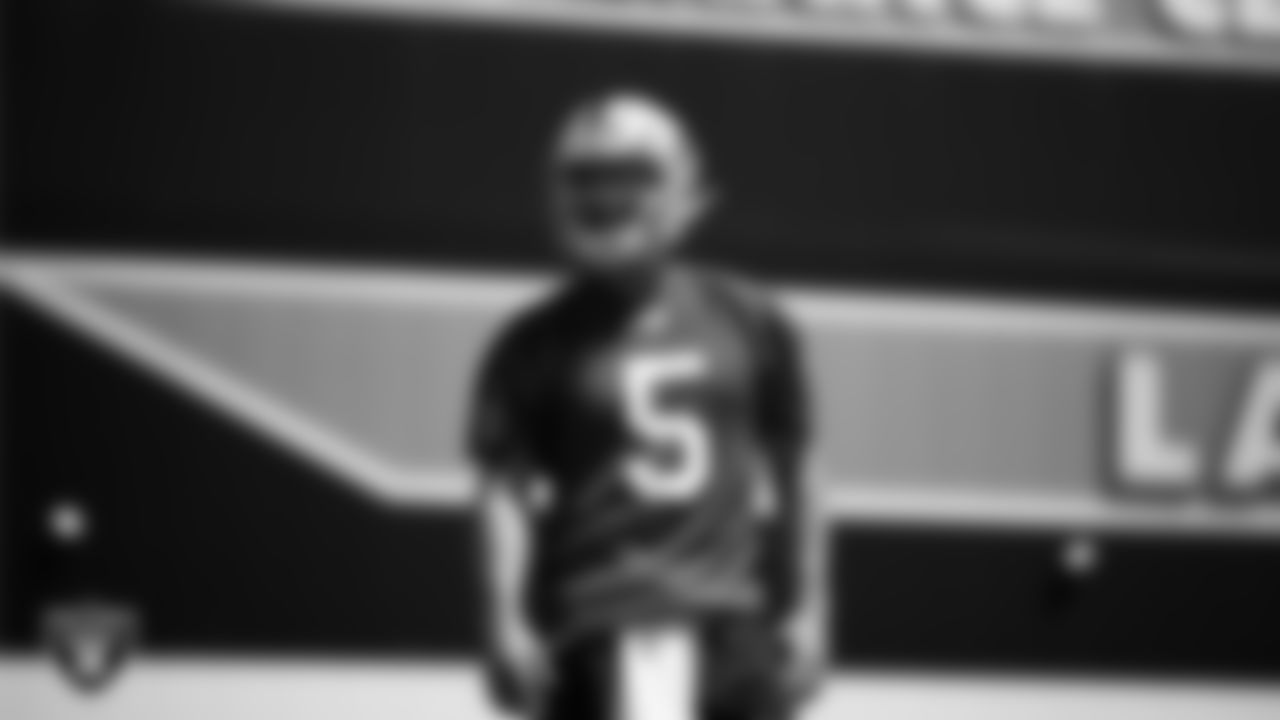 Las Vegas Raiders quarterback Cam Miller (5) at day one of 2025 Rookie Minicamp at Intermountain Health Performance Center.