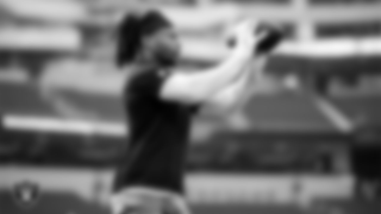 Las Vegas Raiders wide receiver Tre Tucker (1) warming up before the regular season away game against the Los Angeles Chargers at SoFi Stadium.