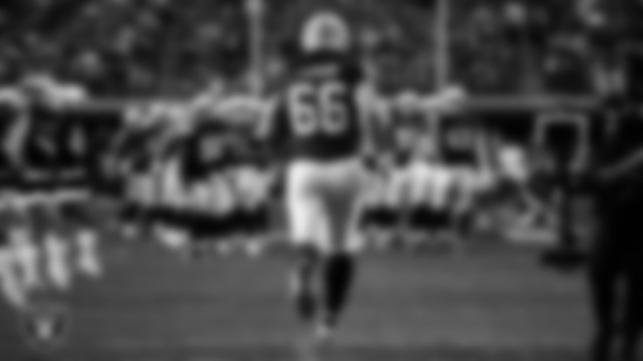 Las Vegas Raiders guard Dylan Parham (66) is introduced onto the field before the regular season home game against the New York Giants at Allegiant Stadium.