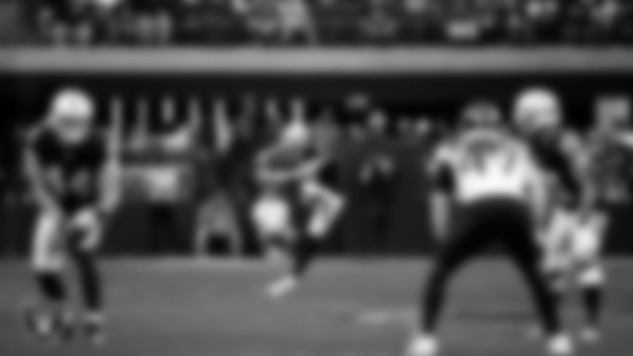 Las Vegas Raiders kicker Daniel Carlson (8) kicks off during the regular season home game against the Jacksonville Jaguars at Allegiant Stadium.