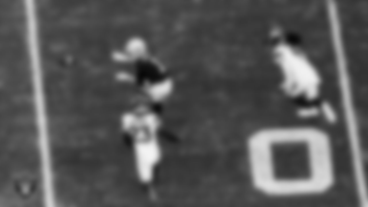 Las Vegas Raiders wide receiver Tre Tucker (1) goes for a catch during the regular season home game against the Denver Broncos at Allegiant Stadium.