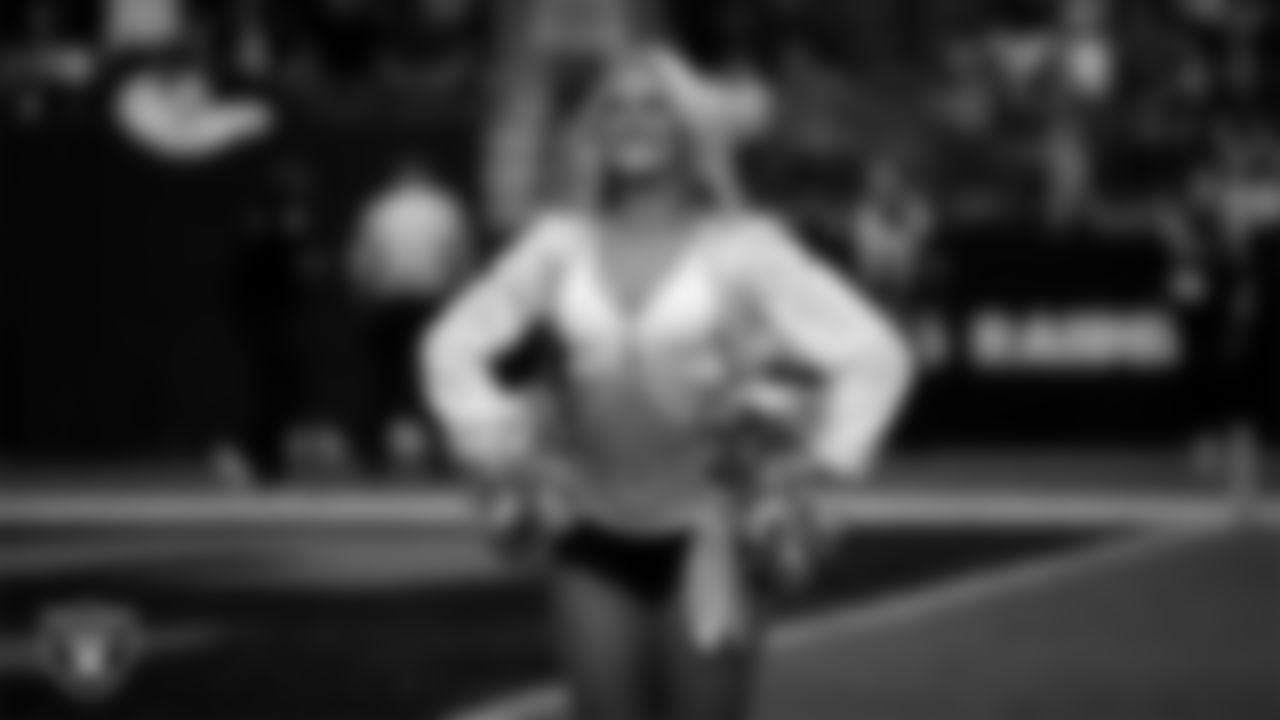 Raiderette Jessica during player introductions before the regular season home game against the Cleveland Browns at Allegiant Stadium.