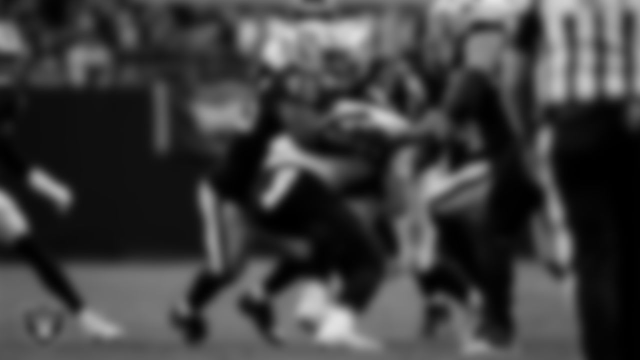 Las Vegas Raiders linebacker Devin White (45) makes a tackle during the regular season home game against the Jacksonville Jaguars at Allegiant Stadium.