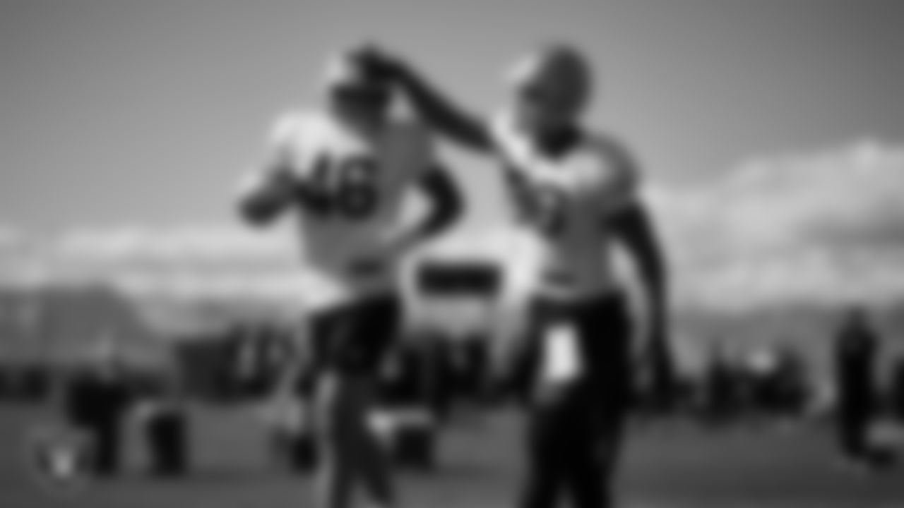 Las Vegas Raiders tight end Carter Runyon (46) and tight end Albert Okwuegbunam (86) during practice at Intermountain Health Performance Center.