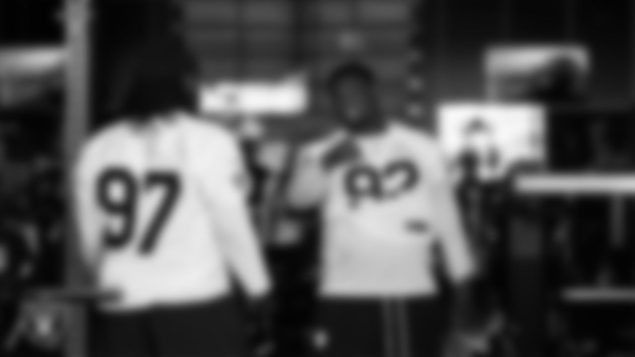 Las Vegas Raiders defensive tackle Tonka Hemingway (97) and defensive tackle JJ Pegues (92) in the weight room during practice at Intermountain Health Performance Center.