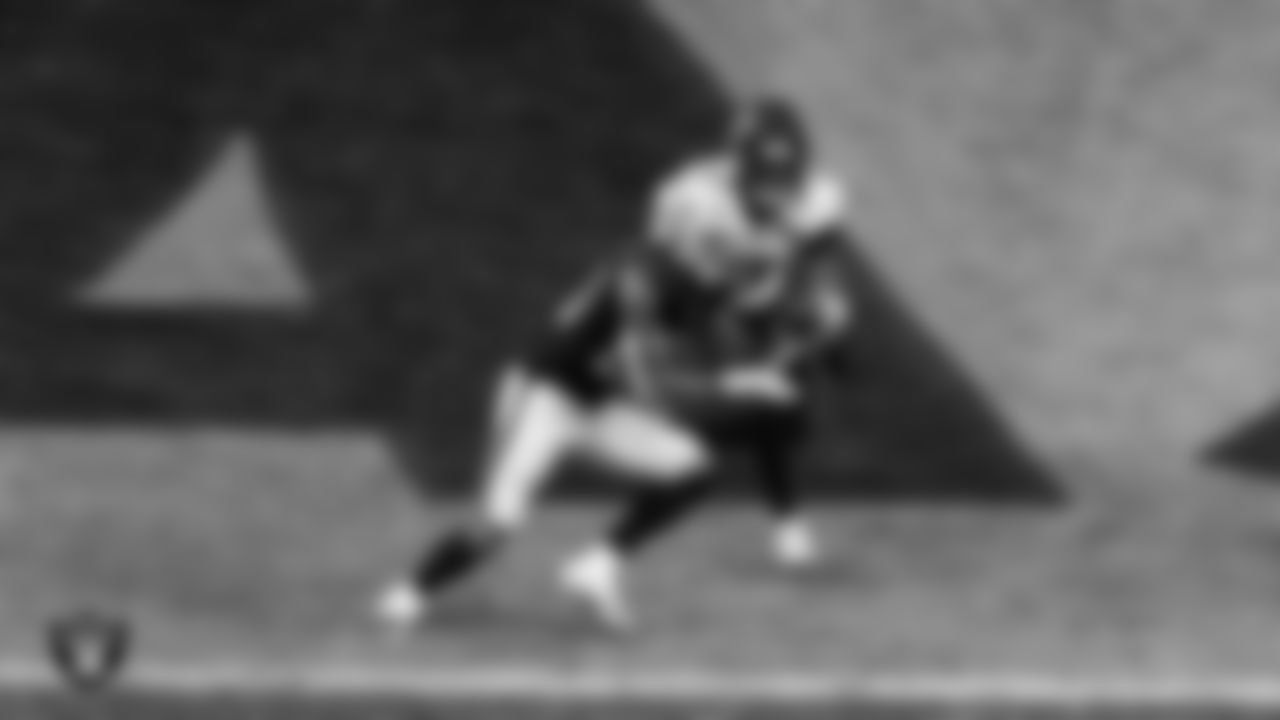 Las Vegas Raiders safety Isaiah Pola-Mao (20) intercepts a pass during the regular season home game against the Jacksonville Jaguars at Allegiant Stadium.