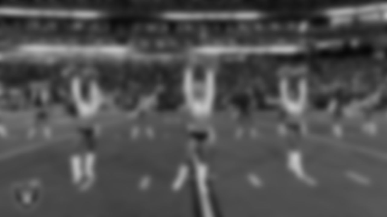 Raiderettes Amanda, Taylor and Bria during player introductions before the regular season home game against the Los Angeles Chargers at Allegiant Stadium.