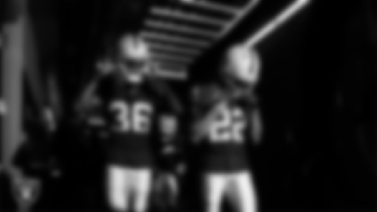 Las Vegas Raiders cornerback Kyu Blu Kelly (36) and cornerback Eric Stokes (22) walk down the tunnel before the regular season home game against the Tennessee Titans at Allegiant Stadium.