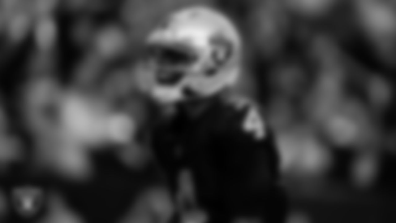 Las Vegas Raiders wide receiver Shedrick Jackson (4) celebrates after making a 25-yard touchdown catch during the regular season home game against the Denver Broncos at Allegiant Stadium.