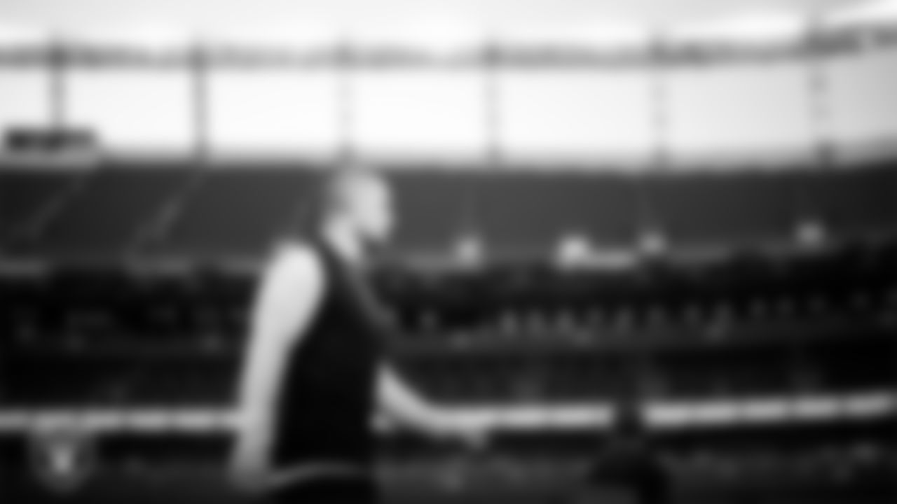 Las Vegas Raiders long snapper Jacob Bobenmoyer (50) warming up before the regular season away game against the Denver Broncos at Empower Field at Mile High.