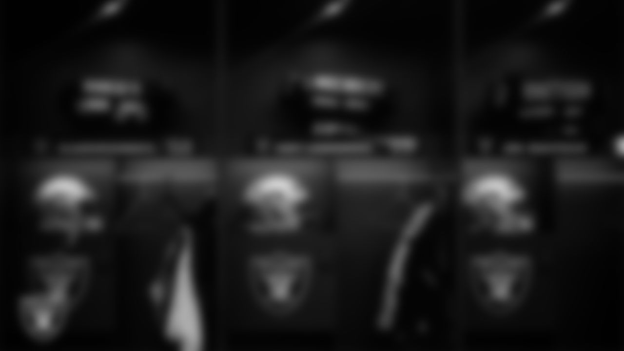 Las Vegas Raiders linebackers Elandon Roberts (52), Cody Lindenberg (55) and Jon Rhattigan's (59) lockers in the locker room prior to the Raiders' arrival for their regular season home game against the Kansas City Chiefs at Allegiant Stadium.