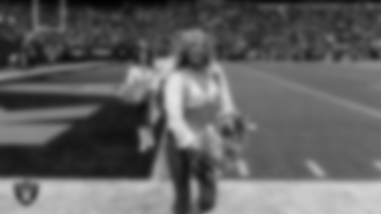 Raiderette Jordie on the sidelines during the regular season home game against the Jacksonville Jaguars at Allegiant Stadium.