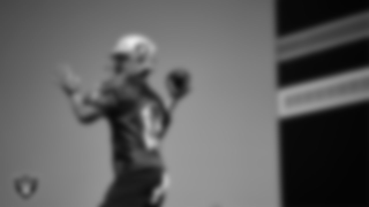 Las Vegas Raiders quarterback Carter Bradley (14) at an Organized Team Activity (OTA) at Intermountain Health Performance Center.