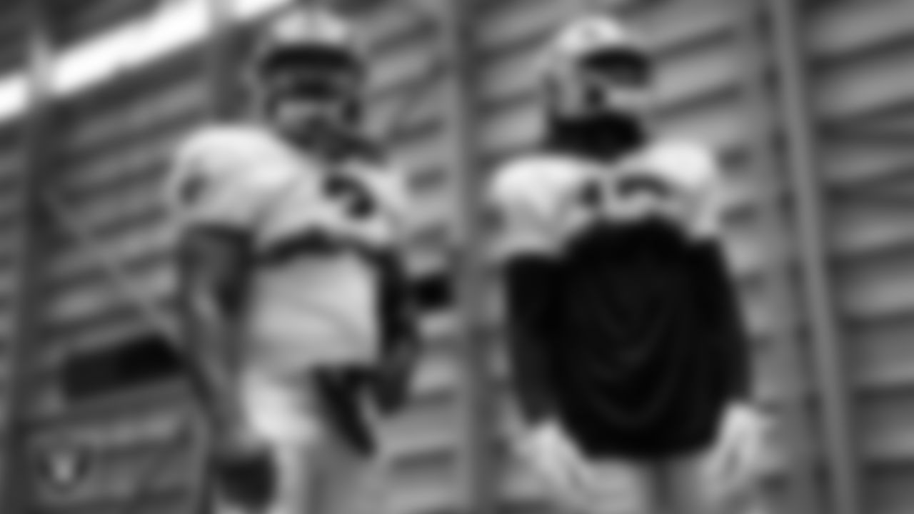 Las Vegas Raiders running back Ashton Jeanty (2) and wide receiver Jakobi Meyers (16) on the field for practice at 2025 Training Camp at Intermountain Health Performance Center.