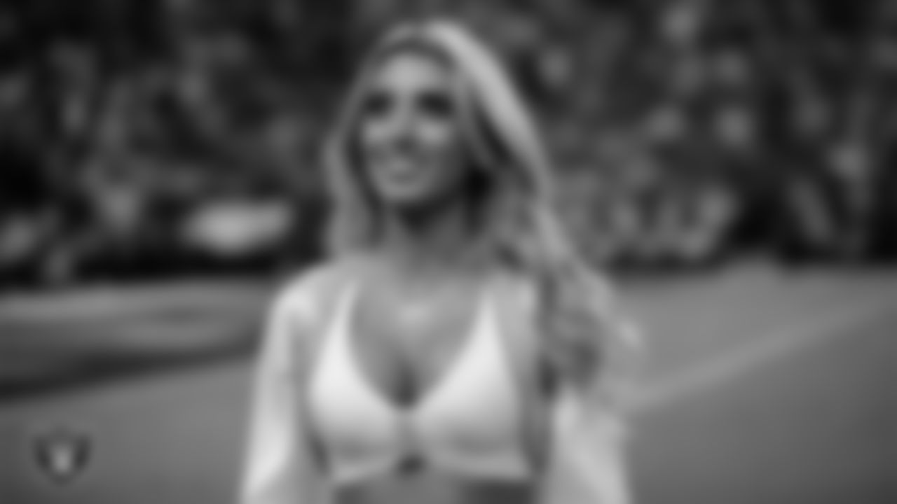 Raiderette Hayley on the sidelines during the regular season home game against the Cleveland Browns at Allegiant Stadium.